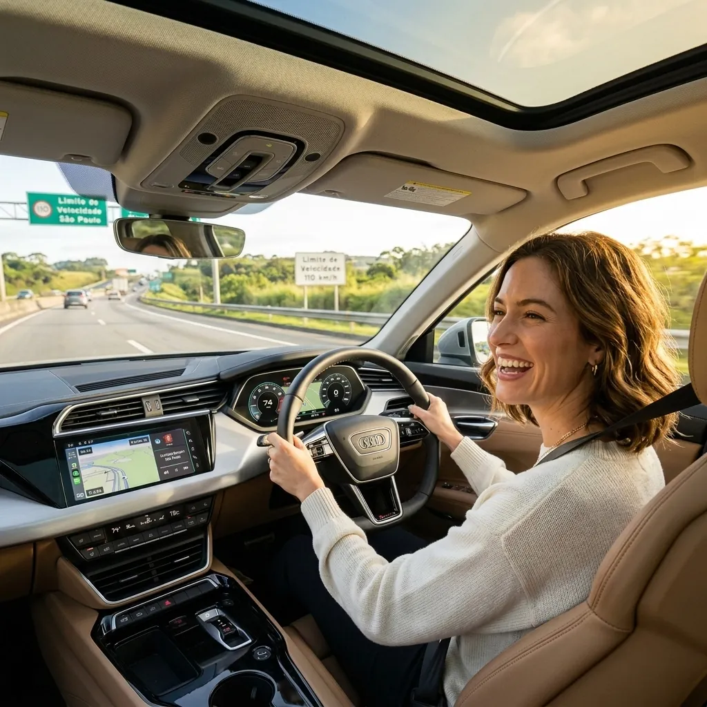 Motorista sorrindo ao volante em uma rodovia